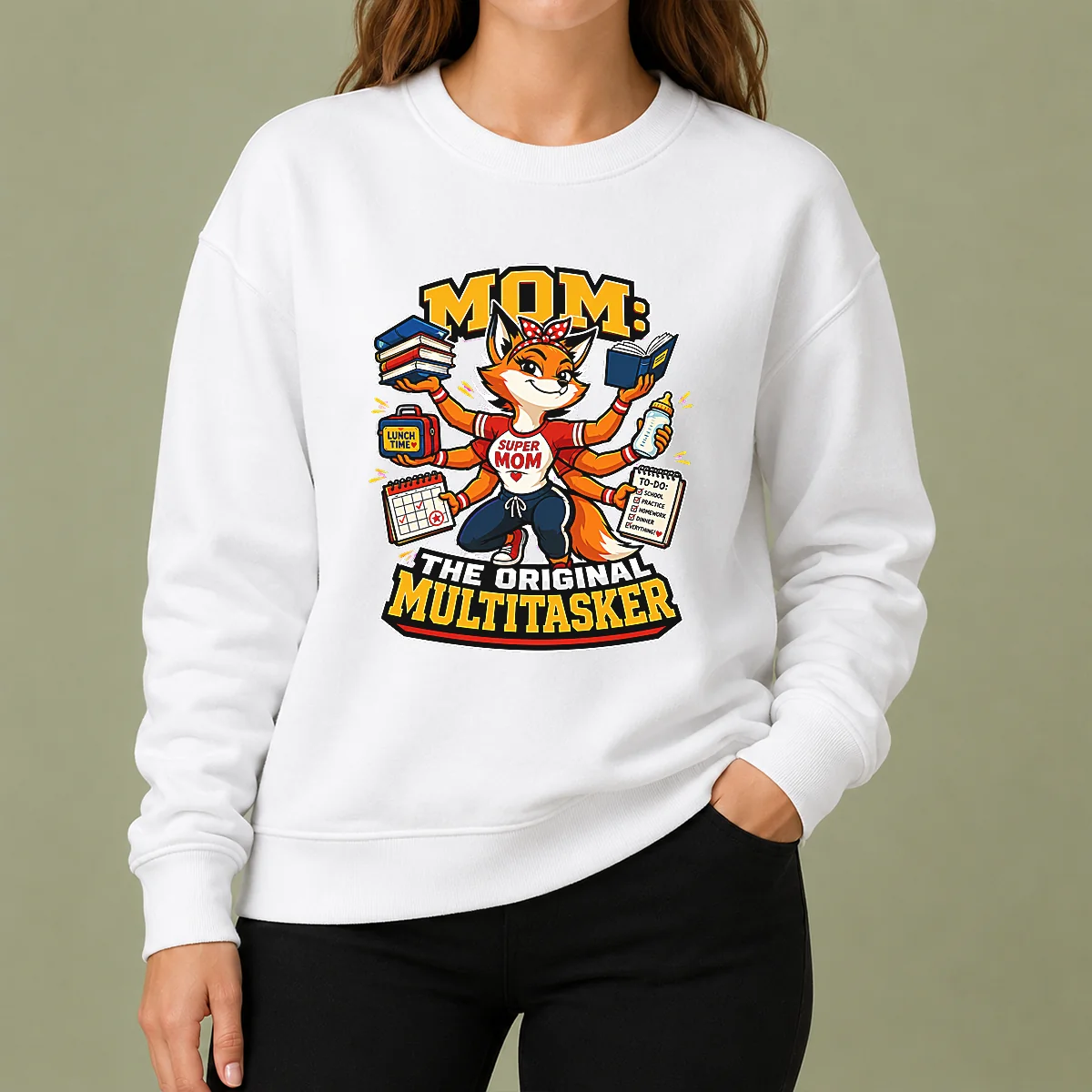 Funny Mom Multitasking Fox Mascot Graphic Tee Sweater