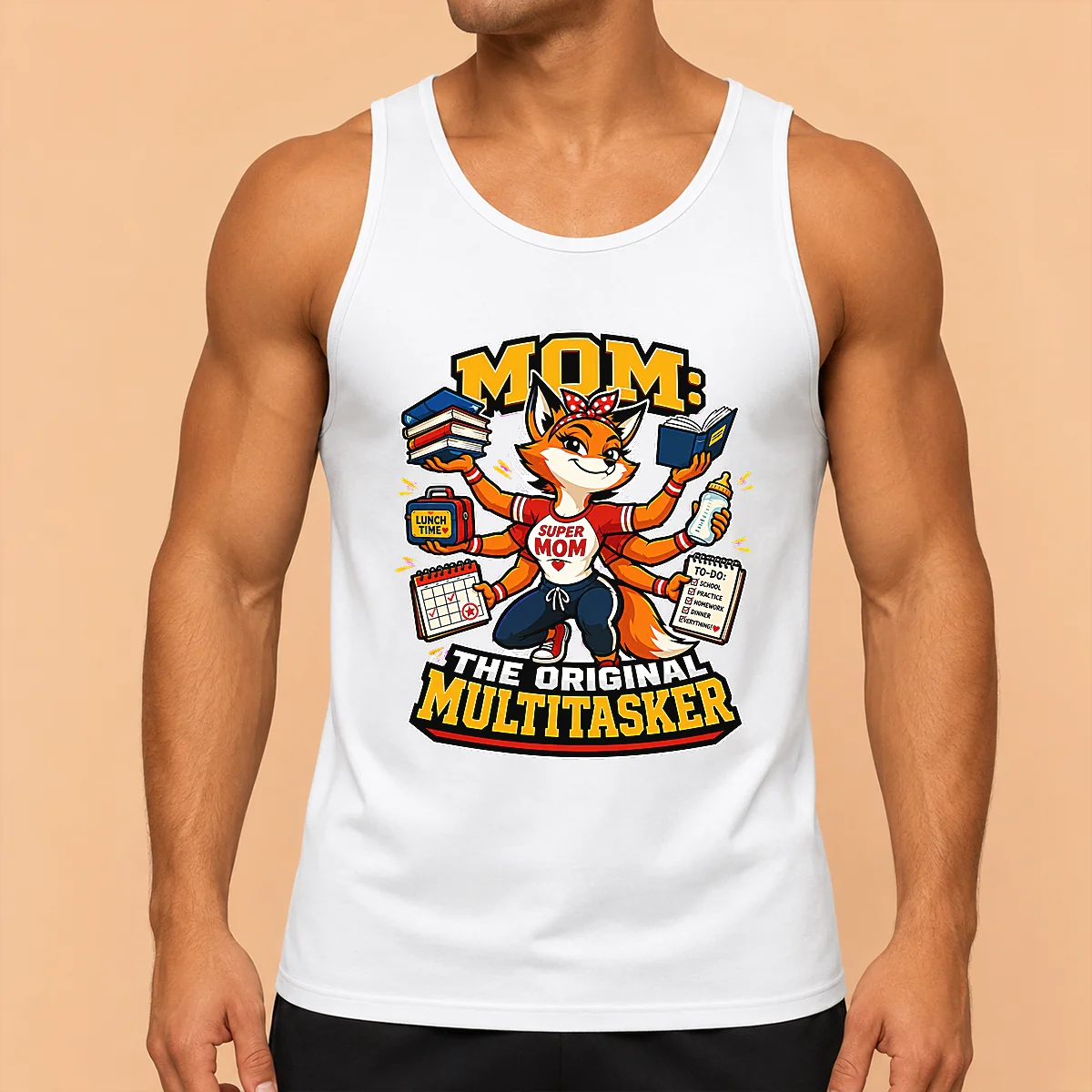 Funny Mom Multitasking Fox Mascot Graphic Tee Tank Top