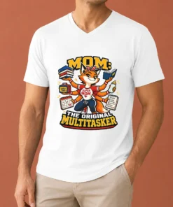 Funny Mom Multitasking Fox Mascot Graphic Tee V-Neck Shirt