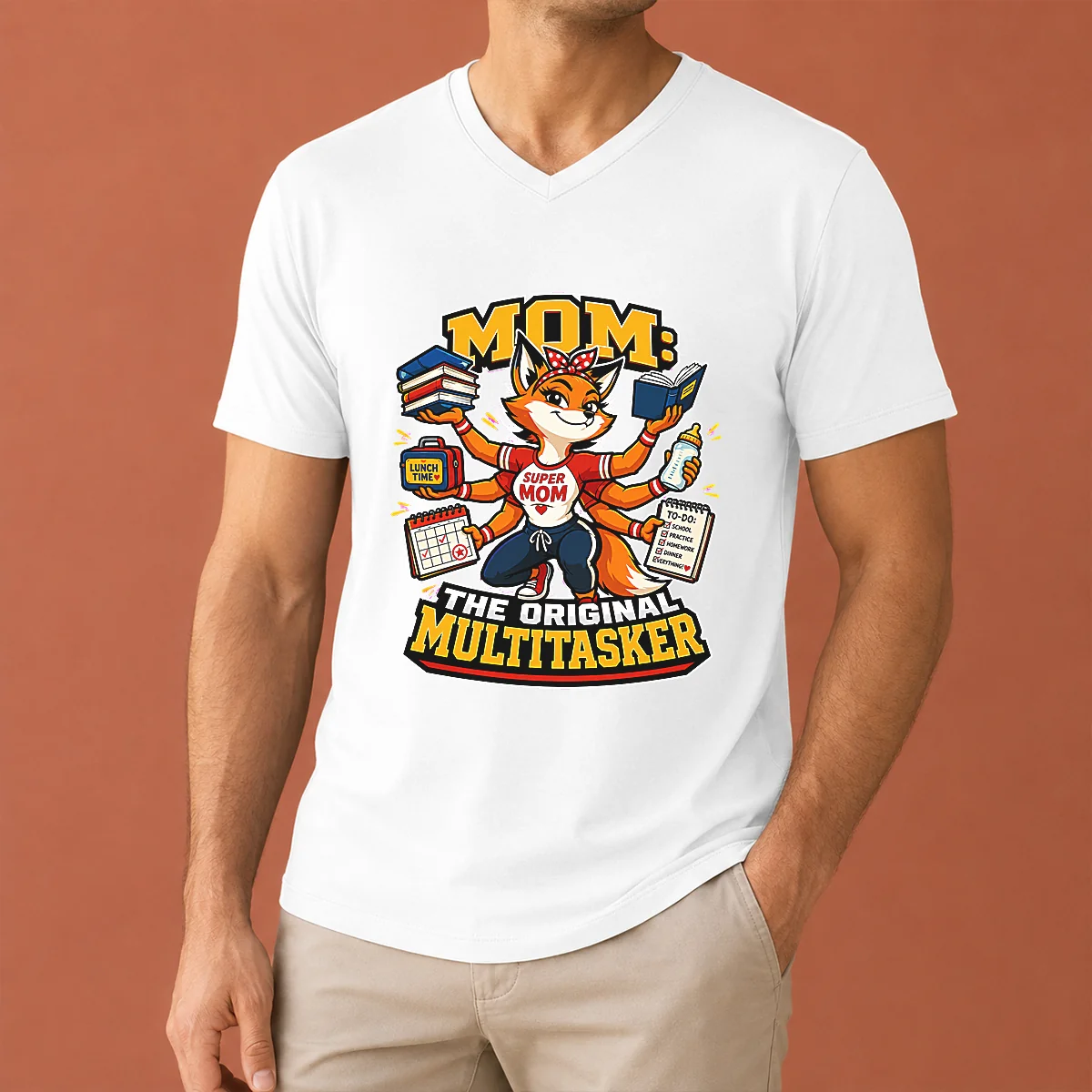 Funny Mom Multitasking Fox Mascot Graphic V-Neck Shirt Funny Mom Multitasking Fox Mascot Graphic V-Neck Shirt