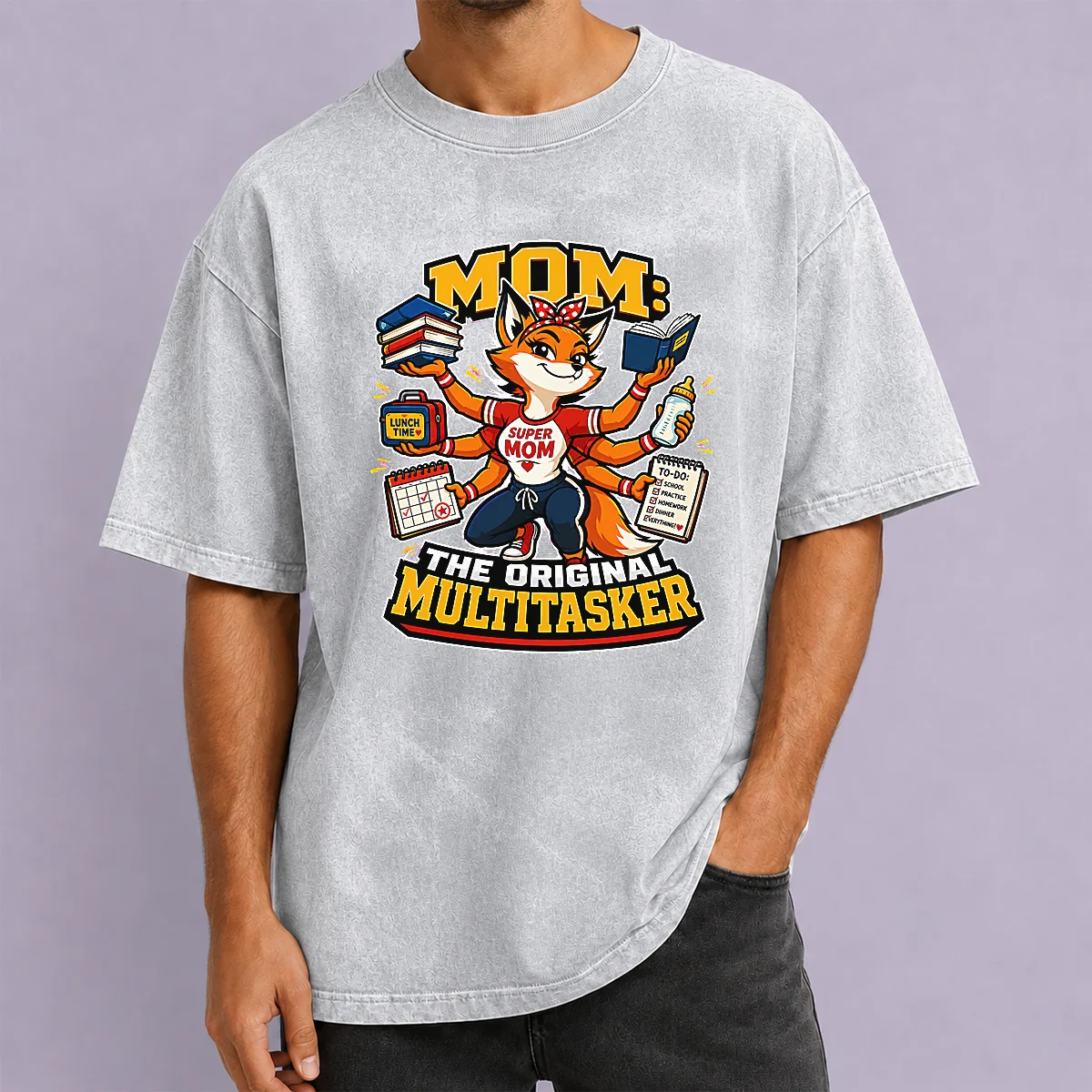 Funny Mom Multitasking Fox Mascot Graphic Tee Washed T-Shirt