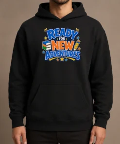 Good Back To School Excitement Ready For New Adventures Silhouett Hoodie in black, front view with kangaroo pocket and drawstring hood