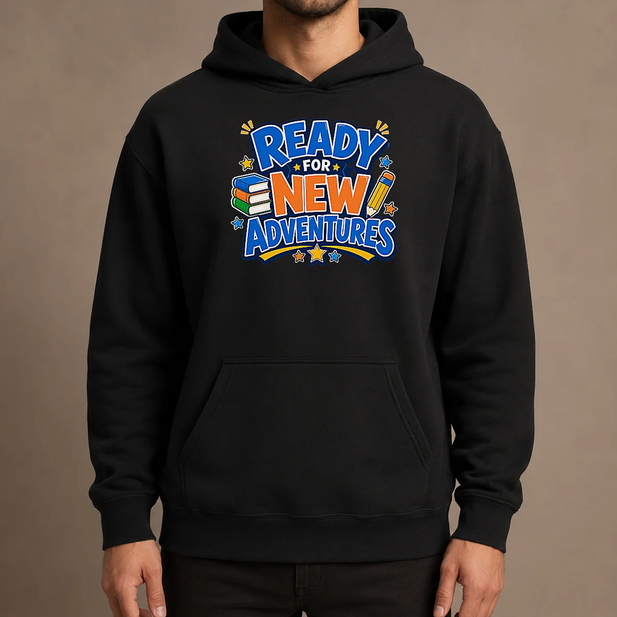 Good Back To School Excitement Ready For New Adventures Silhouett Hoodie in black, front view with kangaroo pocket and drawstring hood