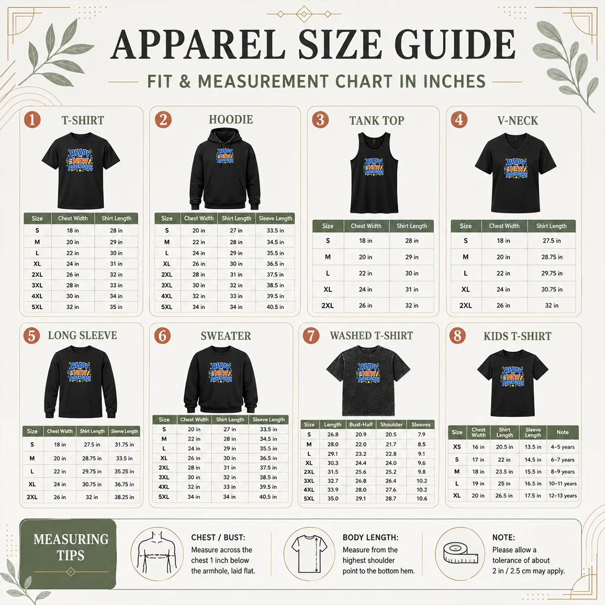 Good Back To School Excitement Ready For New Adventures Silhouett Size Chart Size chart for Good Back To School Excitement Ready For New Adventures Silhouett showing measurements in inches and centimeters