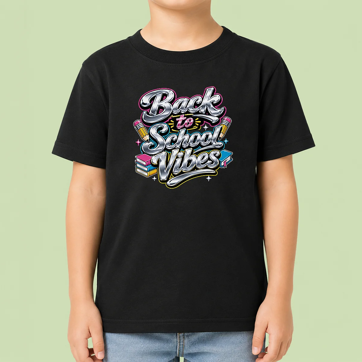 Good Back To School Vibes Y2K Kids T Shirt in bright colors, displayed flat on a white background