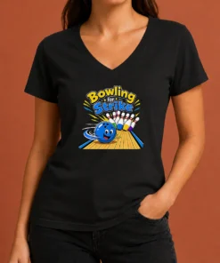 Good Bowling For Strike Fun Vector V Neck Shirt showing front graphic design on a short sleeve v neck tee