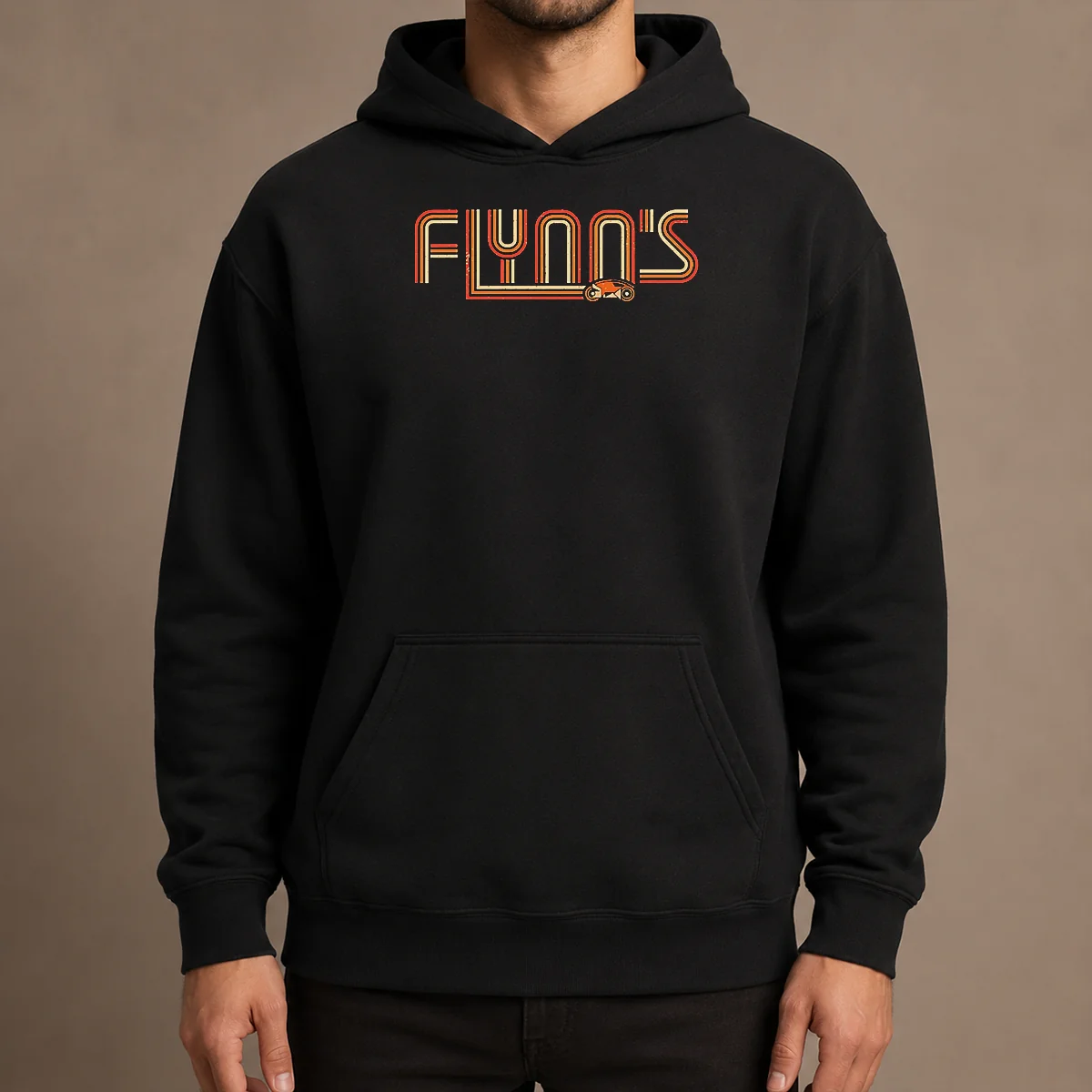 Good Flynn'S Arcade Memories Retro Hoodie in black with vintage arcade graphic on front