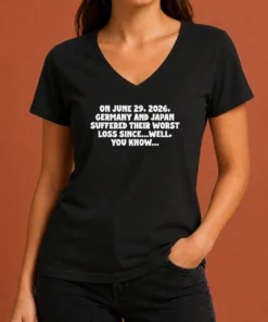 Good Germany And Japan June 29 2026 History Joke Worst Loss Since Well You Know V Neck Shirt in dark fabric showing front design