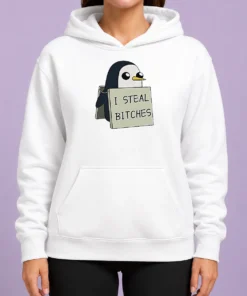Good Hot Gunter The Penguin I Steal Bitches Adventure Time Hoodie in black with front graphic print and drawstring hood