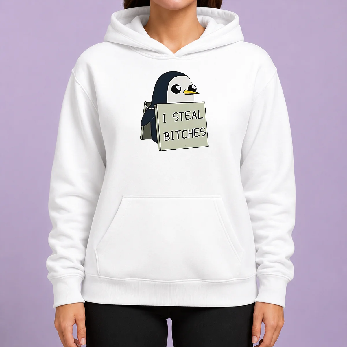 Good Hot Gunter The Penguin I Steal Bitches Adventure Time Hoodie in black with front graphic print and drawstring hood