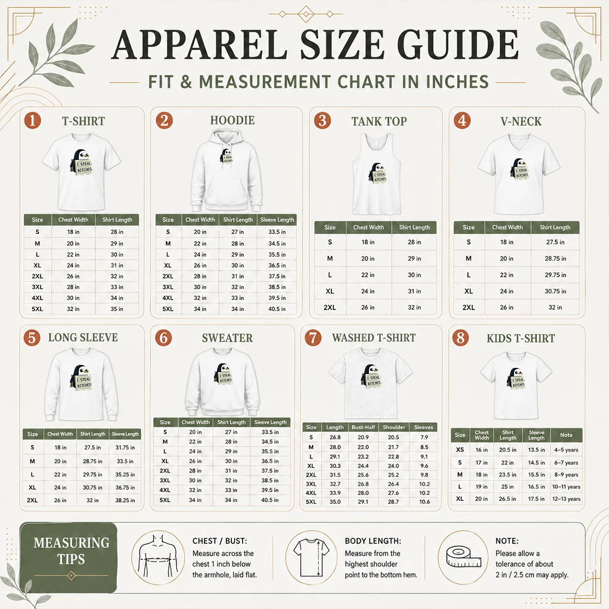 Good Hot Gunter The Penguin I Steal Bitches Adventure Time Size Chart Size chart for Good Hot Gunter The Penguin I Steal Bitches Adventure Time with measurements in inches and cm