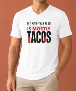 Good Nice My Five Year Plan Is Mostly Tacos V Neck Shirt in charcoal gray with short sleeves and relaxed fit