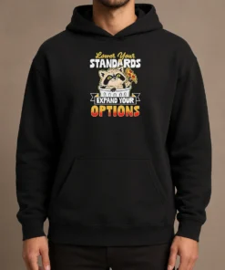 Good Nice Raccoon Eating Pizza Lower Your Standards Expand Your Options Hoodie in charcoal gray with front pocket and drawstring hood