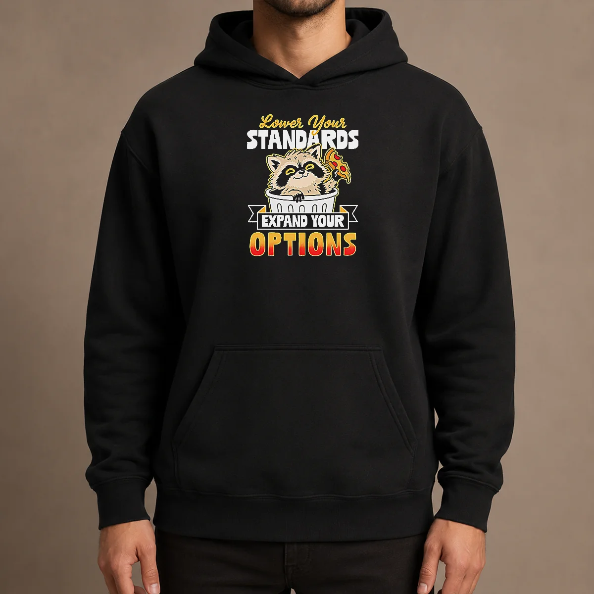 Good Nice Raccoon Eating Pizza Lower Your Standards Expand Your Options Hoodie in charcoal gray with front pocket and drawstring hood