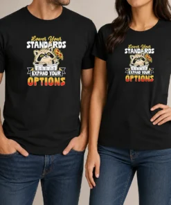 Good Nice Raccoon Eating Pizza Lower Your Standards Expand Your Options t shirt in black, front view with graphic print
