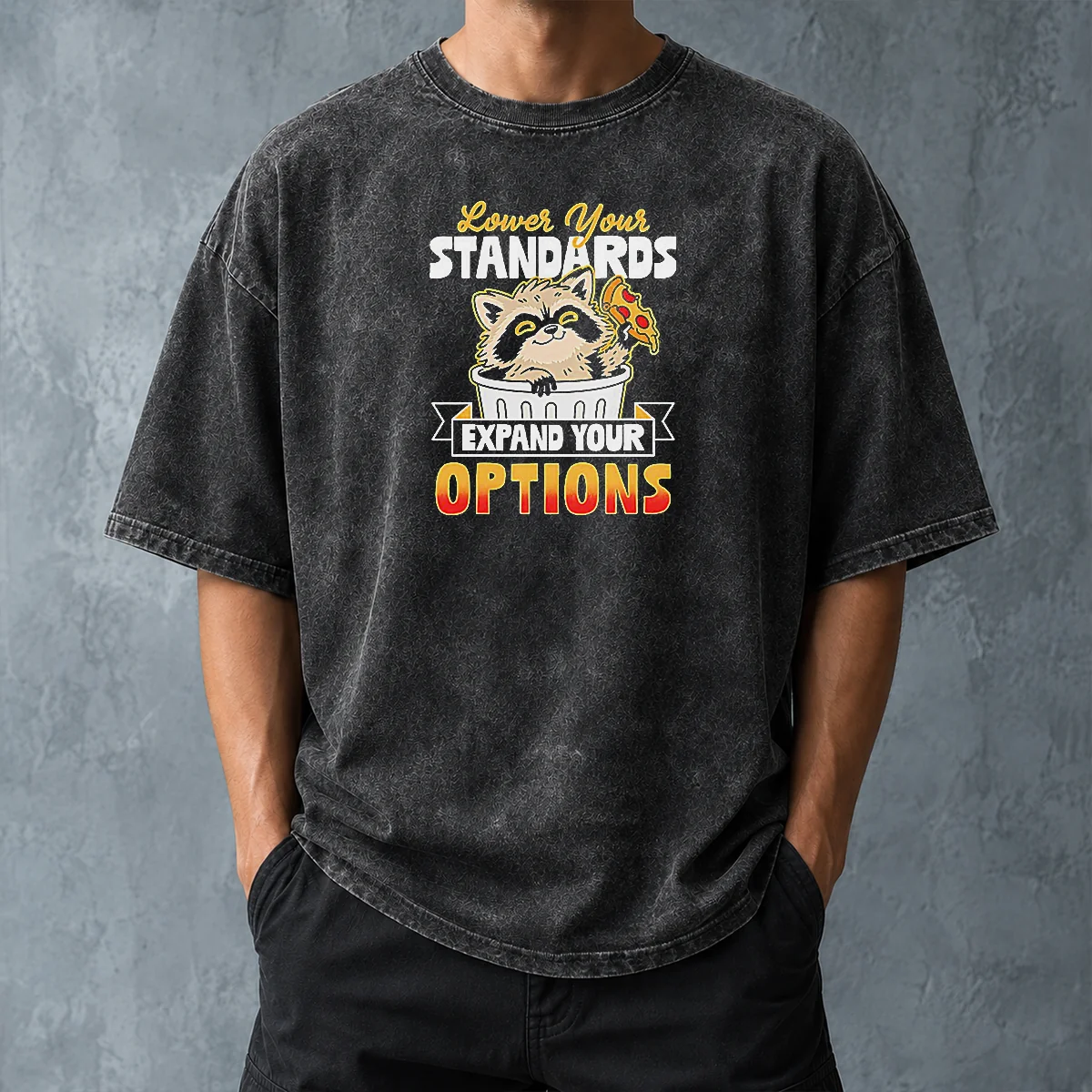 Good Nice Raccoon Eating Pizza Lower Your Standards Expand Your Options Washed T-Shirt