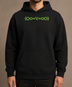 Happy Funny OO Equal V Equal OO Abstract Symbol Hoodie in black, front view with abstract symbol design