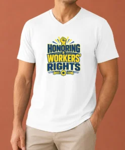 Happy Nice Labour Day Honoring Workers Rights Vector V Neck Shirt on white background showcasing a casual fit
