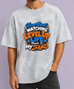 Heartbeat Watching Level Up Life Thanks To My Squad Cartoon Washed T-Shirt