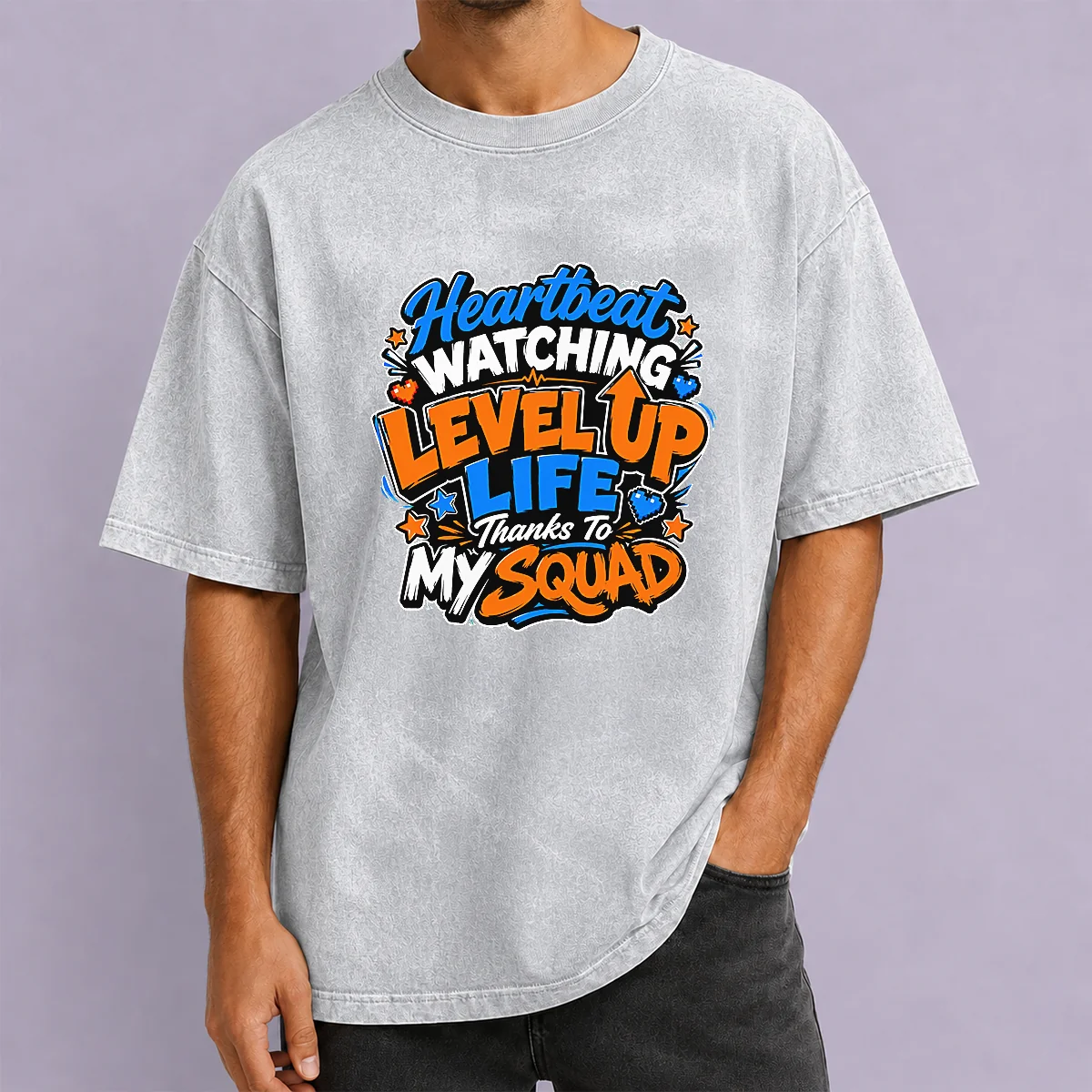 Heartbeat Watching Level Up Life Thanks To My Squad Cartoon Washed T-Shirt