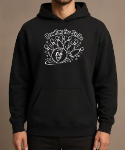 Hot Bowling For Strike Line Art Hoodie in black with front graphic print and adjustable drawstring hood