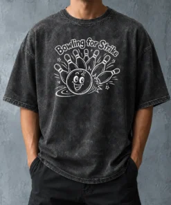 Hot Bowling For Strike Line Art Washed T Shirt displayed on a soft washed cotton tee in light grey