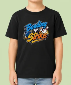 Hot Bowling For Strike Typography Kids T Shirt featuring colorful bowling-themed text on a comfortable kids' short sleeve tee