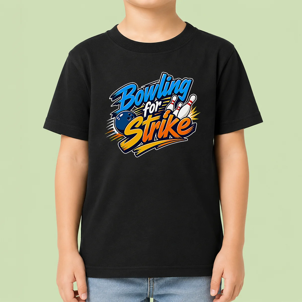 Hot Bowling For Strike Typography Kids T Shirt featuring colorful bowling-themed text on a comfortable kids' short sleeve tee