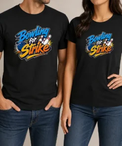 Hot Bowling For Strike Typography t shirt in black with bold white and red text design on front