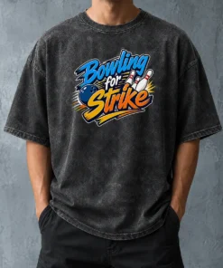 Hot Bowling For Strike Typography Washed T Shirt featuring a vintage washed look and bold graphic print on soft cotton fabric