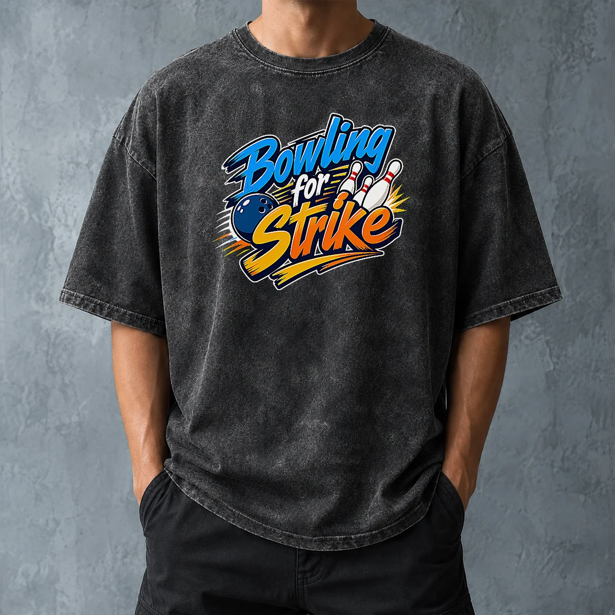 Hot Bowling For Strike Typography Washed T Shirt featuring a vintage washed look and bold graphic print on soft cotton fabric