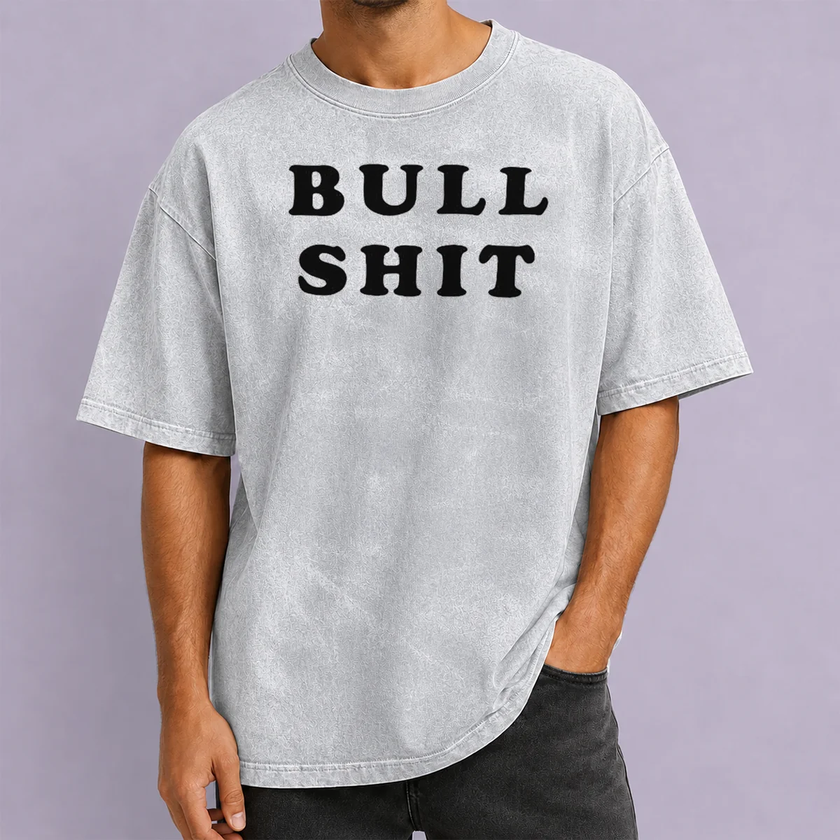 Hot Bull Shit Text Slogan Phrase Expression Bold Letter Typography on a casual washed t shirt in neutral tones