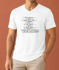 Hot Charli Rock Music SS26 Tracklist V Neck Shirt showing front design and v neck collar in white