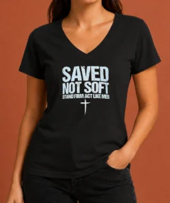 Hot Official Saved Not Soft Stand Firm Act Like Men Christian V Neck Shirt in dark color showing front design