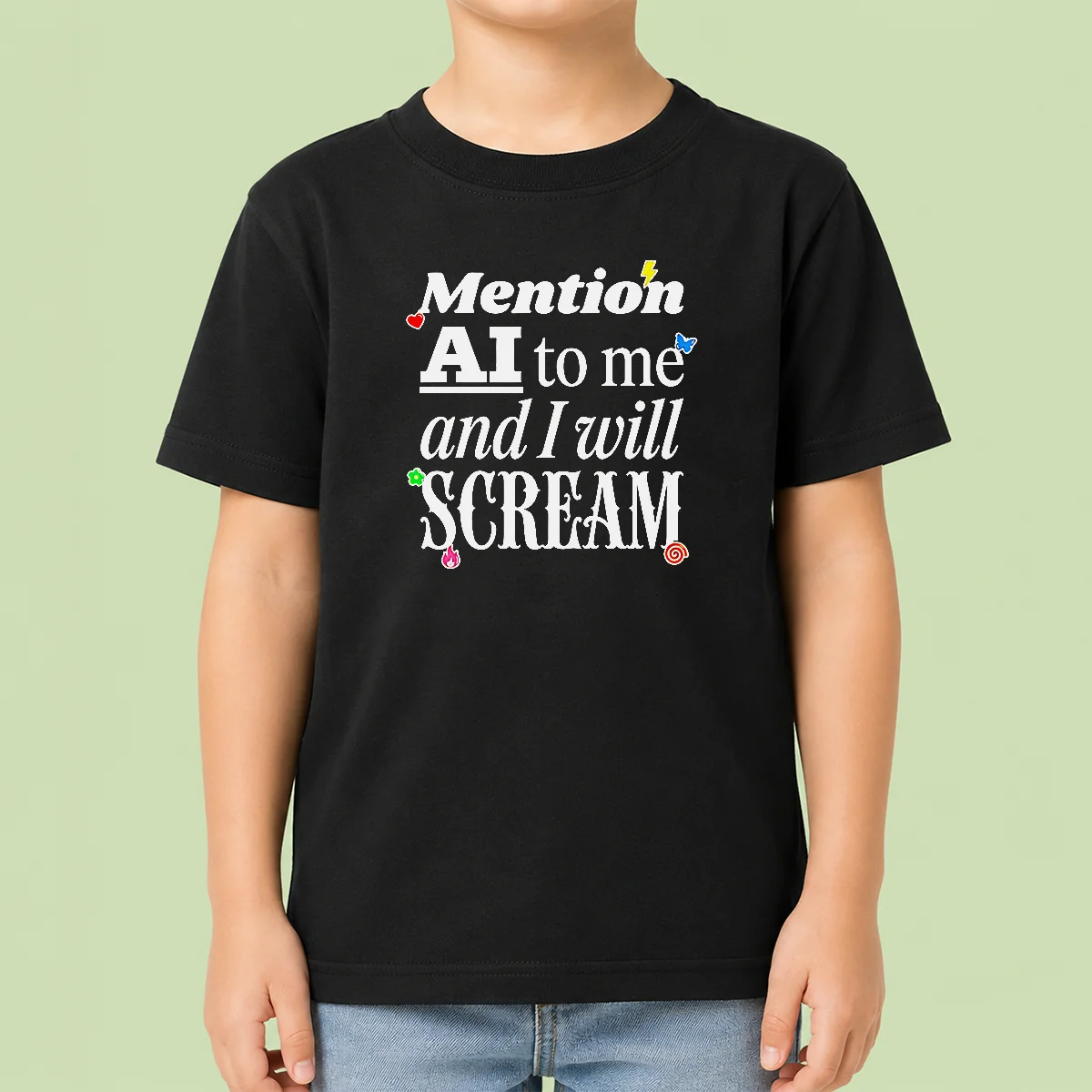 Hot Original Mention AI To Me And I Will Scream Anti Artificial Intelligence Protest Kids T Shirt in navy blue with bold white text