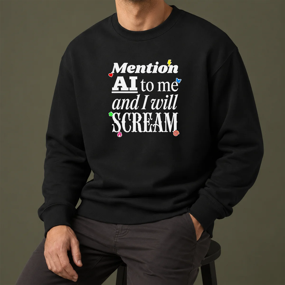 Hot Original Mention AI To Me And I Will Scream Anti Artificial Intelligence Protest Sweater in charcoal grey, crewneck style