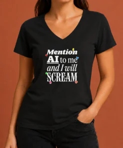 Hot Original Mention AI To Me And I Will Scream Anti Artificial Intelligence Protest V-Neck Shirt