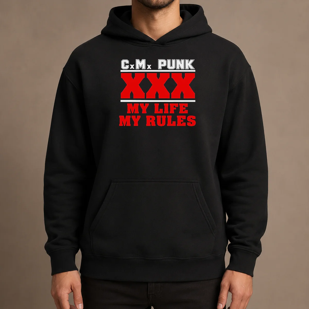 Hot Straight Edge Hardcore CM Punk XXX My Life My Rules black pullover hoodie with bold graphic print