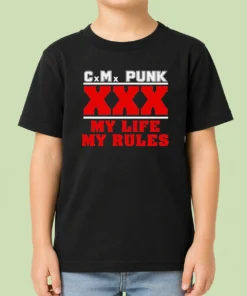 Hot Straight Edge Hardcore CM Punk XXX My Life My Rules Kids T Shirt front view with bold graphic print