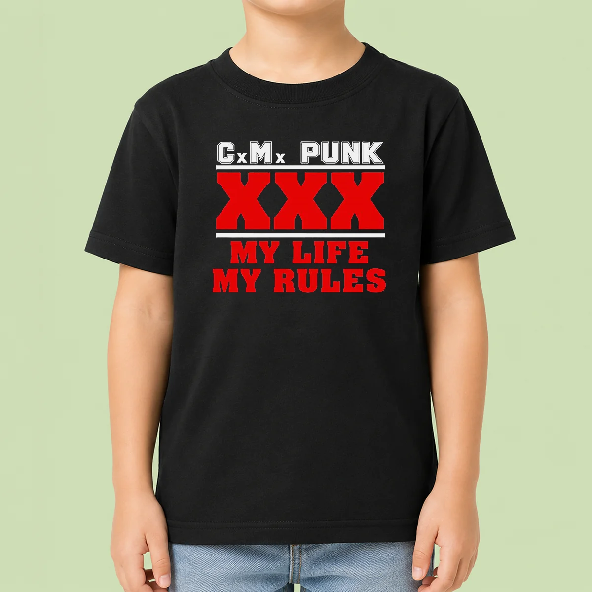 Hot Straight Edge Hardcore CM Punk XXX My Life My Rules Kids T Shirt front view with bold graphic print