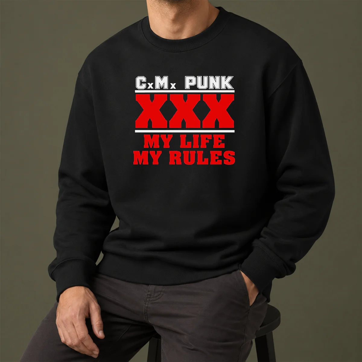 Hot Straight Edge Hardcore CM Punk XXX My Life My Rules sweater in black with bold graphic print
