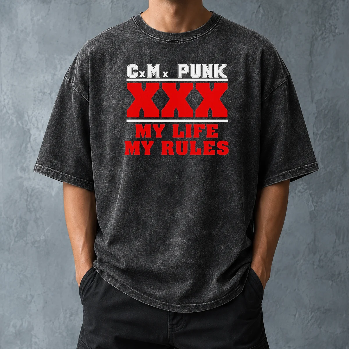 Hot Straight Edge Hardcore CM Punk XXX My Life My Rules Washed T-Shirt