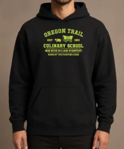 Hot Top Oregon Trail Culinary School Hoodie in black, front view with drawstring hood and kangaroo pocket