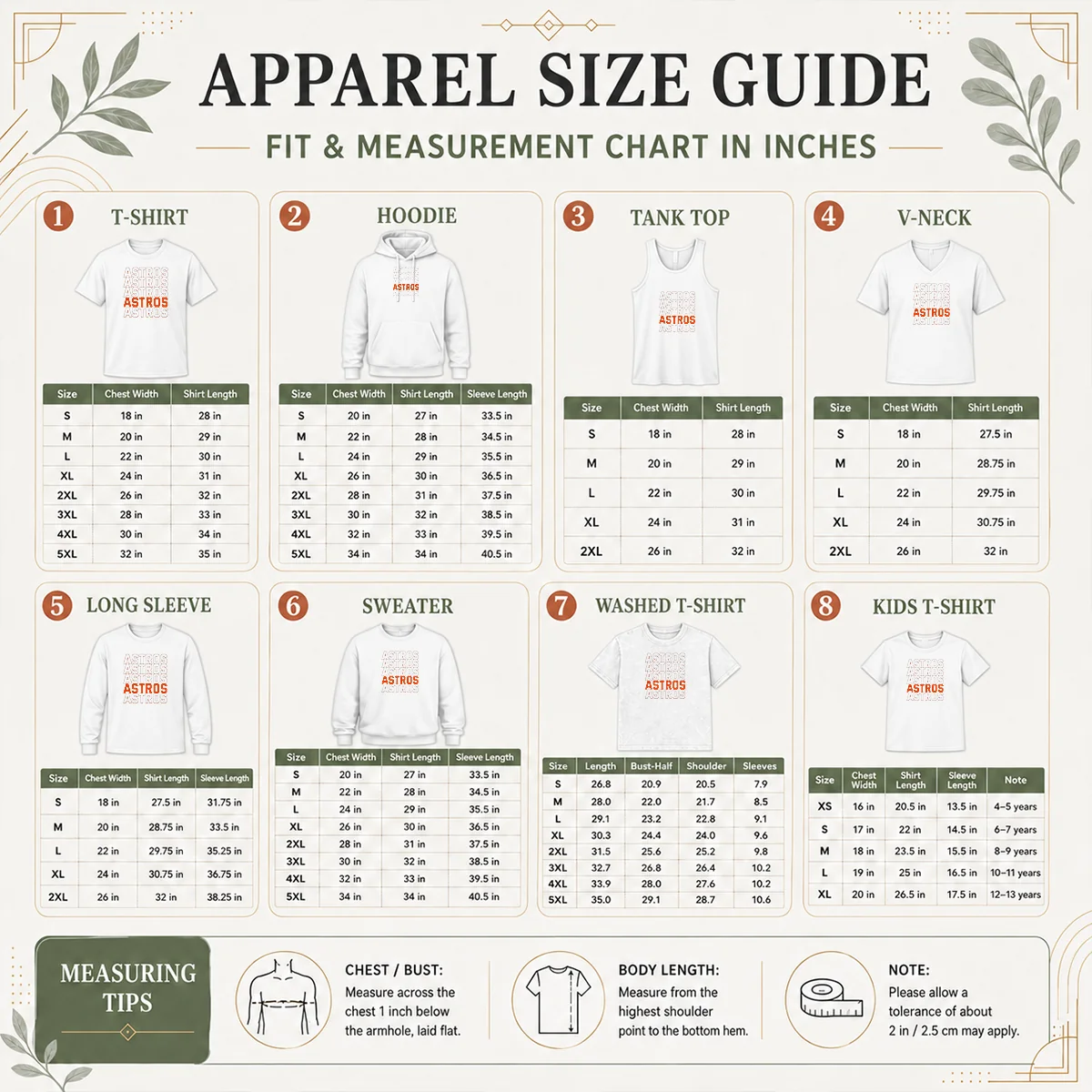 Hot Top Vintage Astros Retro Style Name Sports Fan Size Chart Size chart for Hot Top Vintage Astros Retro Style Name Sports Fan with measurements in inches and cm