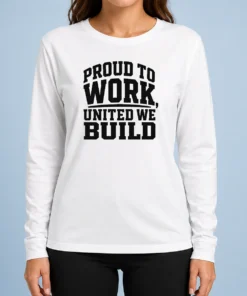 Nice American Labor Proud Typography Silhouette Long Sleeve Shirt in navy blue, featuring bold typography and silhouette design