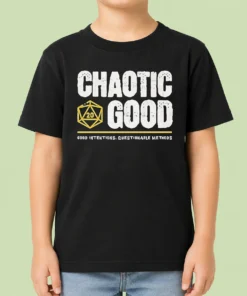 Nice Chaotic Good D20 Dice Good Intentions Questionable Methods Kids T Shirt featuring colorful dice graphic on a comfortable kids tee