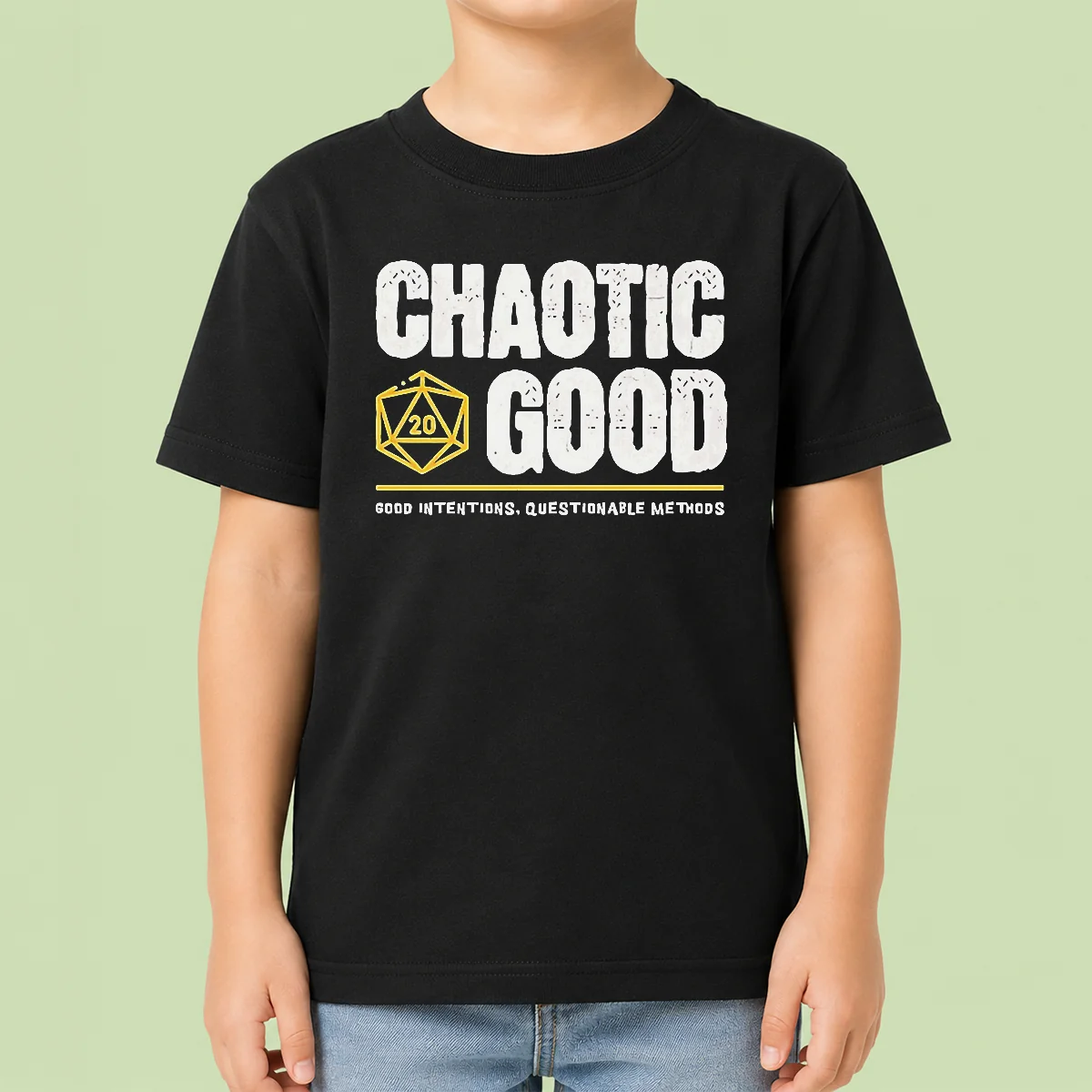 Nice Chaotic Good D20 Dice Good Intentions Questionable Methods Kids T Shirt featuring colorful dice graphic on a comfortable kids tee