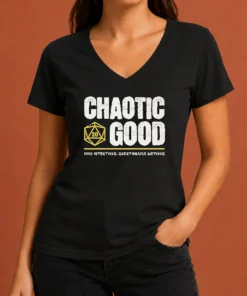 Nice Chaotic Good D20 Dice Good Intentions Questionable Methods V Neck Shirt in dark fabric with colorful dice graphic