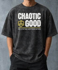 Nice Chaotic Good D20 Dice Good Intentions Questionable Methods Washed T Shirt showing front design on soft cotton fabric