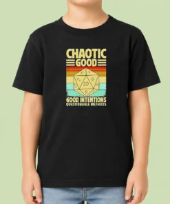 Nice Chaotic Good D20 Retro Stripes Kids T Shirt featuring colorful retro stripes and D20 dice design